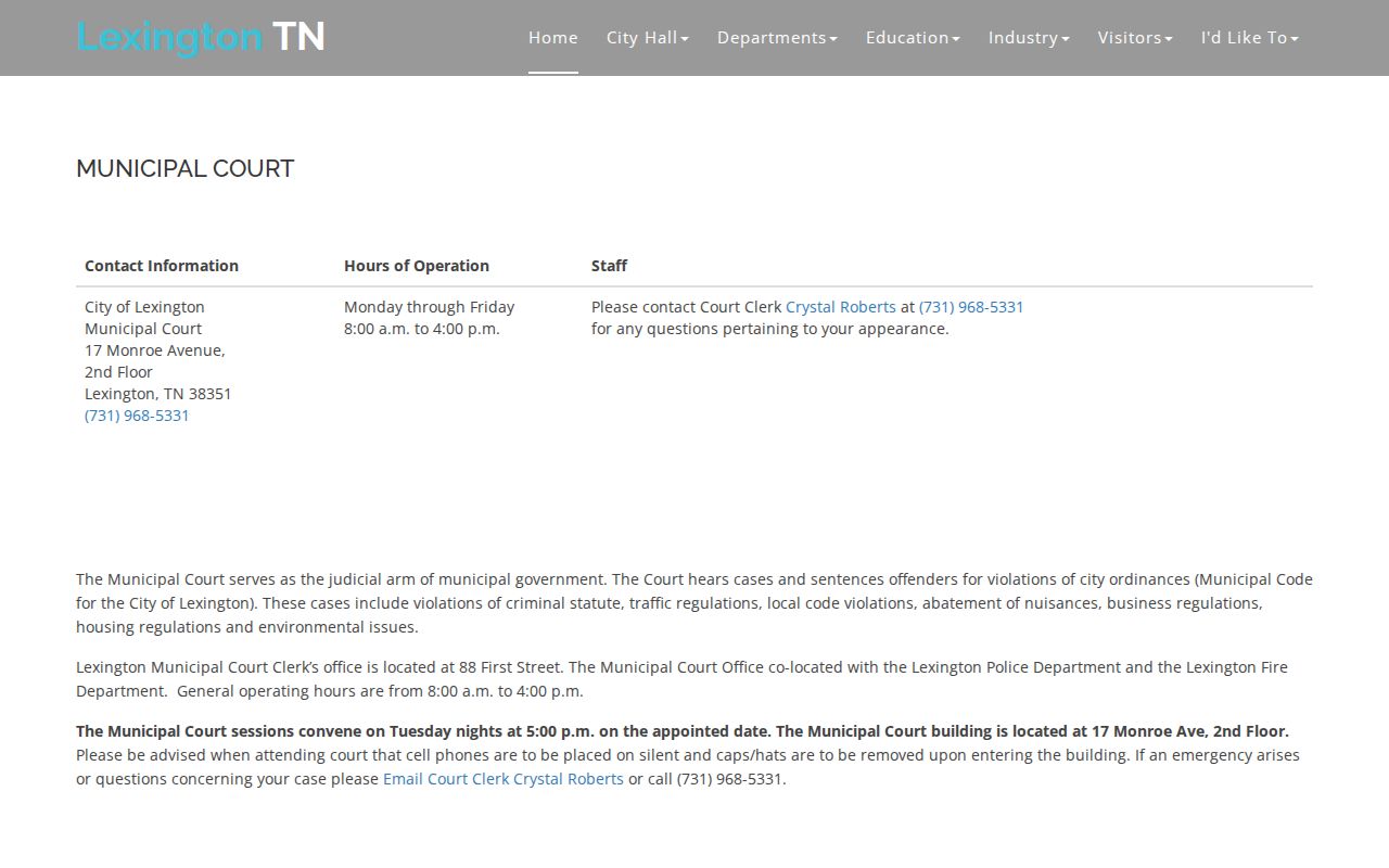 Lexington Municipal Court information for Henderson County criminal court case searches